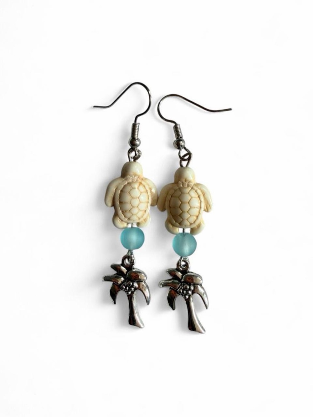 Handmade Sea Turtle & Palm Tree Drop Earrings - Coastal Boho
